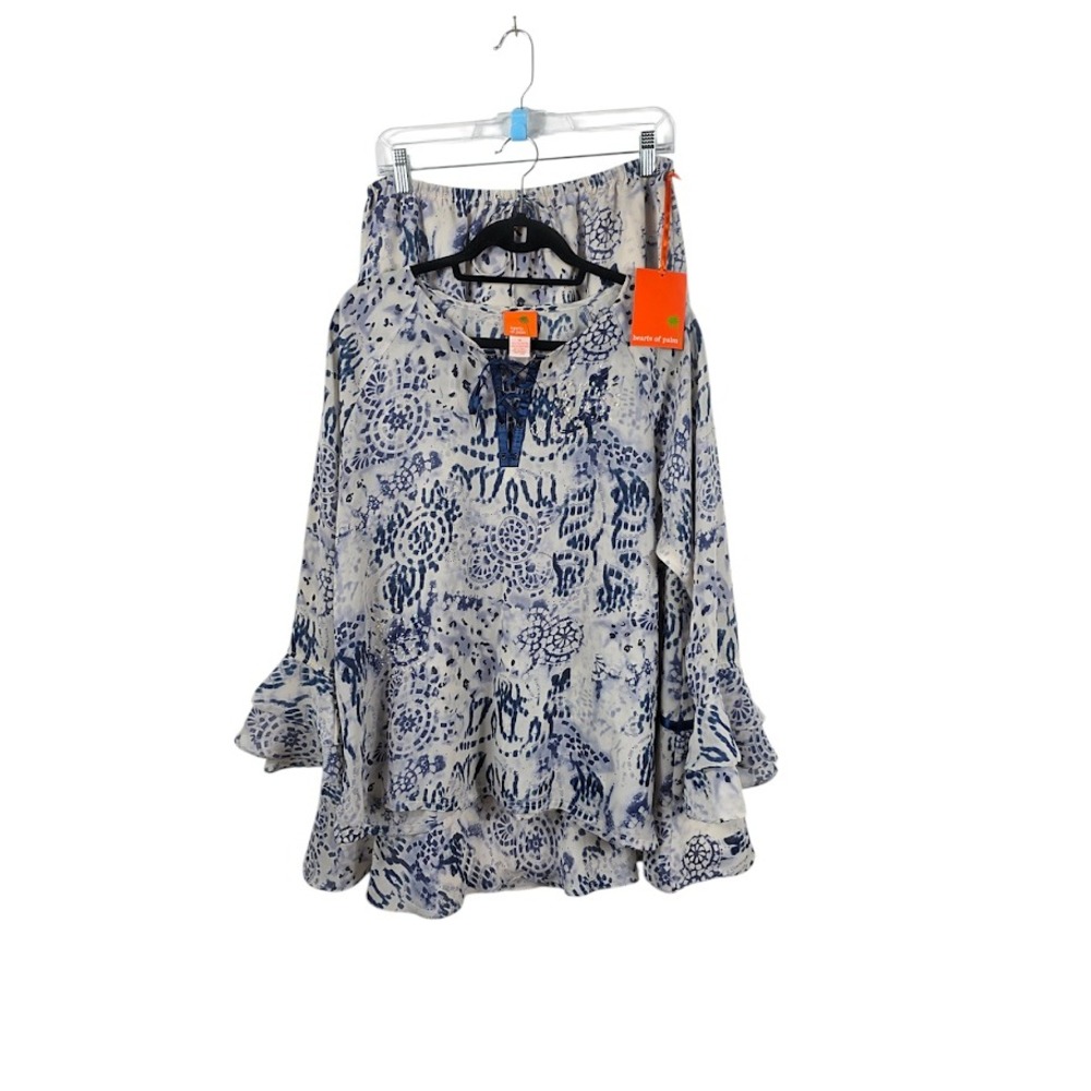 Hearts of Palm Skirt Set Women 14 Blue White Batik Boho Bell Sleeve Co-ord NWT